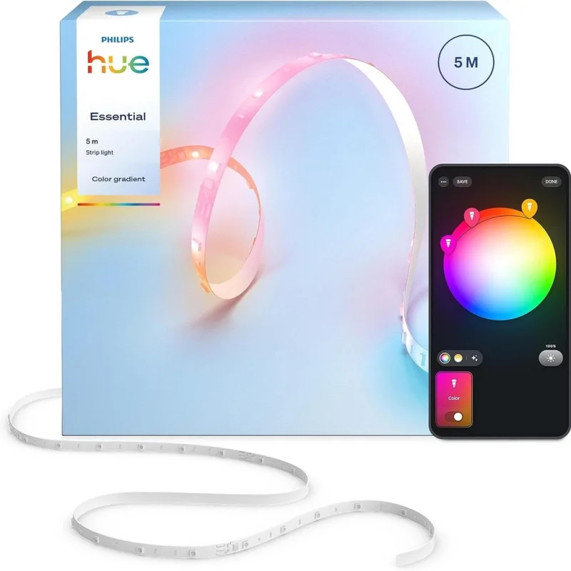 Смарт LED RGBIC димируема лента Philips Hue Essential Strip Light WACA 5 м, бяла, 15.3W, 3000 lm, 16 милиона цвята (BT, Zigbee, Apple Home, Google, Alexa, SmartThings)