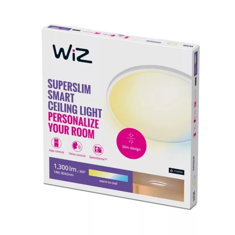 Смарт LED димируема плафониера WiZ Superslim Smart Ceiling, бяла, 24.2 см, 14W, 1300 lm, бяла светлина 2100 - 6500К (BT, Zigbee, Matter, Apple Home, Google, Alexa, SmartThings) - Снимка 7