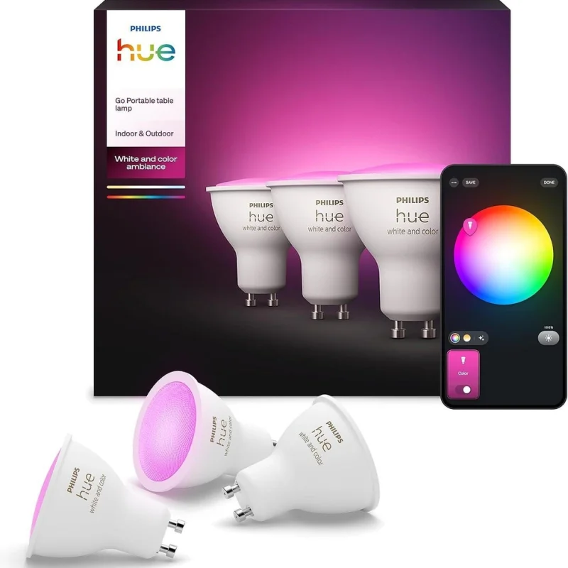 Смарт LED RGBW димируеми лунички Philips Hue WACA, 3 бр, 4.2W, 400 lm, GU10, 16 милиона цвята (BT, Zigbee, HomeKit, Google, Alexa, SmartThings)