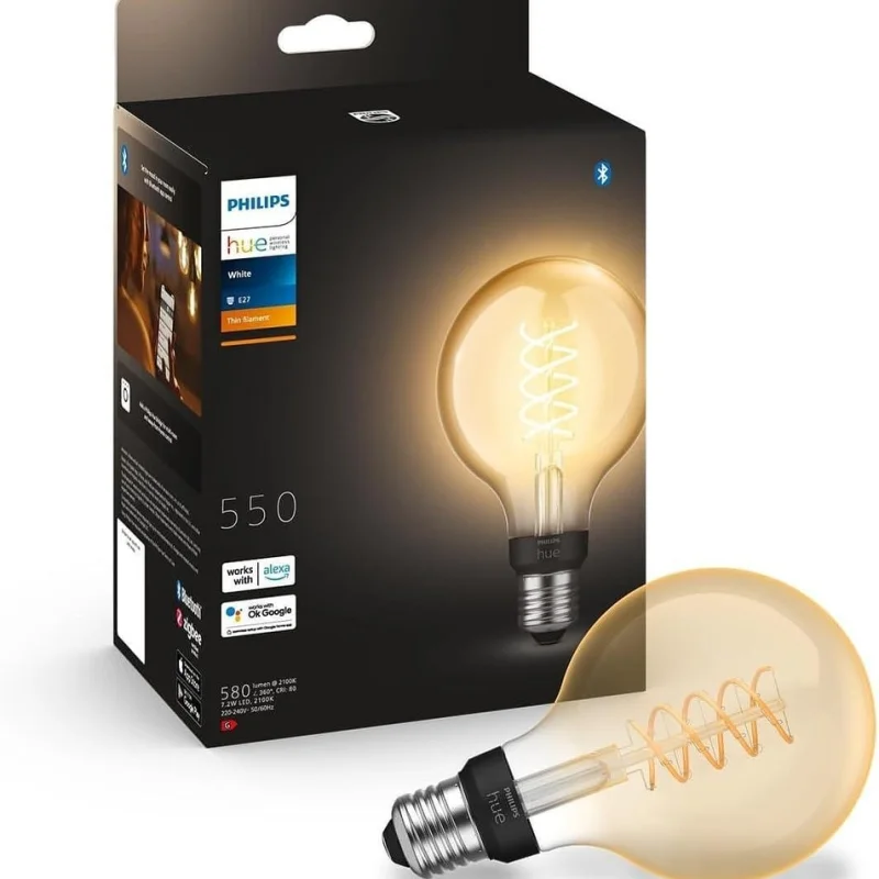 Смарт LED димируема крушка Philips Hue Thin Filament G93, 7.2W, 580 lm, E27, топла бяла 2100K