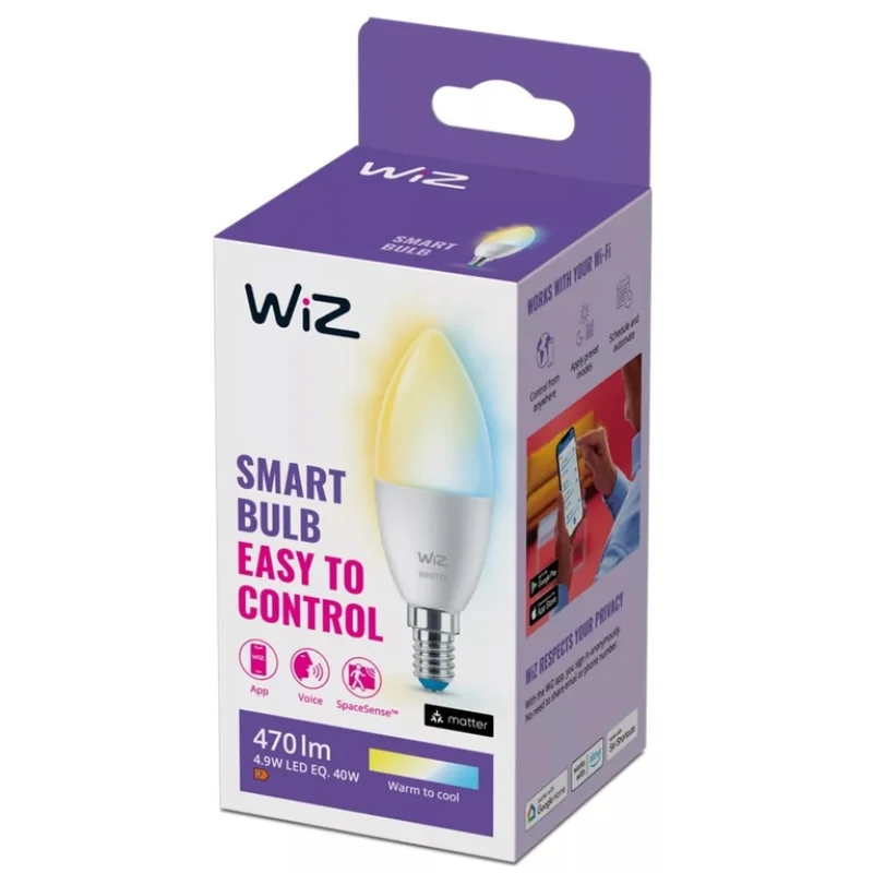 Смарт LED димируема крушка WiZ Smart Bulb Candle 4.9W, 470 lm, E14, бяла светлина 2100 - 6500К (BT, Zigbee, Matter, Apple Home, Google, Alexa, SmartThings) - Снимка 5