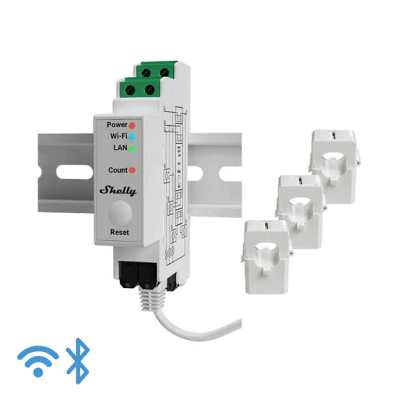 Смарт трифазен електромер Shelly Pro 3EM 120A за DIN шина, Wi-Fi, LAN, Bluetooth