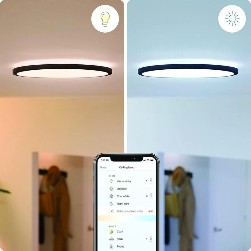Смарт LED димируема плафониера WiZ Superslim Smart Ceiling, черна, 24.2 см, 14W, 1300 lm, бяла светлина 2100 - 6500К (BT, Zigbee, Matter, Apple Home, Google, Alexa, SmartThings) - Снимка 6