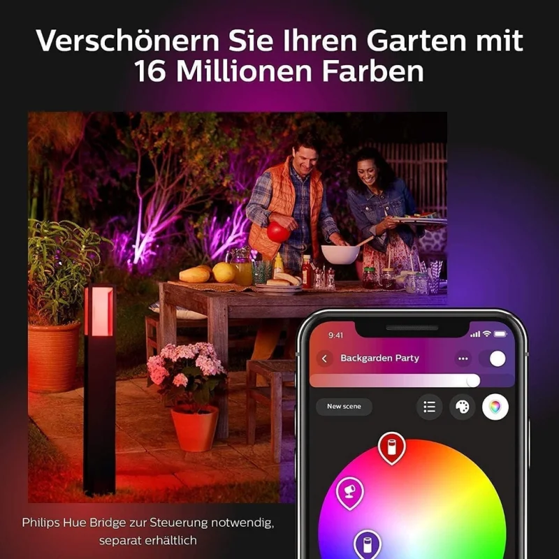 Смарт външна LED RGBW димируема лампа Philips Hue Impress + Hue Bridge, 77 см, 8W, 590 lm, GU10, IP44, Черна - Снимка 6