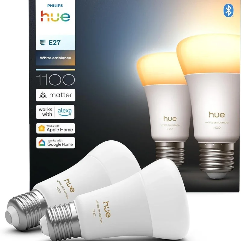 Смарт LED димируема крушка Philips Hue WA E27 White ambience, 2 бр, 8.1W, 1100 lm, E27, 100-240V, бяла светлина 1 000-20 000К (BT, Zigbee, HomeKit, Google, Alexa, SmartThings)