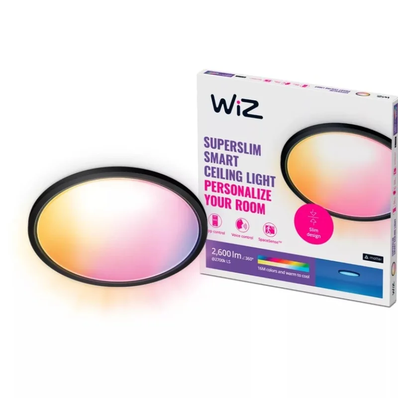 Смарт LED RGBW димируема плафониера WiZ Superslim Ceiling, черна, 42.3x3.2 см, 22 W, 2600 lm, 16 милиона цвята (BT, Zigbee, Apple Home, Google, Alexa, SmartThings)