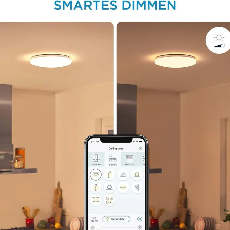 Смарт LED димируема плафониера WiZ Adria Ceiling Warm White, бяла, 32 см, 17W, 1600 lm, топла бяла светлина 2700К (BT, Zigbee, Apple Home, Google, Alexa, SmartThings) - Снимка 6