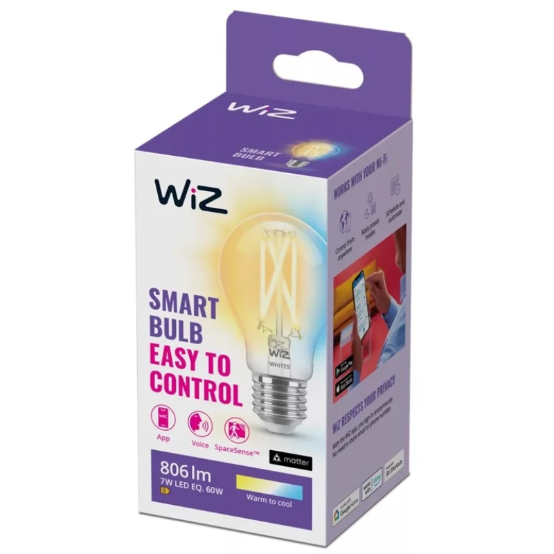 Смарт LED димируема vintage крушка WiZ Filament Smart Bulb 7W, 806 lm, E27, бяла светлина 2100 - 6500К (BT, Zigbee, Matter, Apple Home, Google, Alexa, SmartThings) - Снимка 6