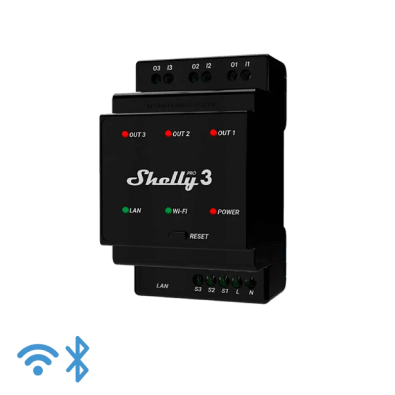 Смарт трифазно реле Shelly Pro 3 за DIN шина, 3 канала, сухи контакти, Wi-Fi, LAN, Bluetooth