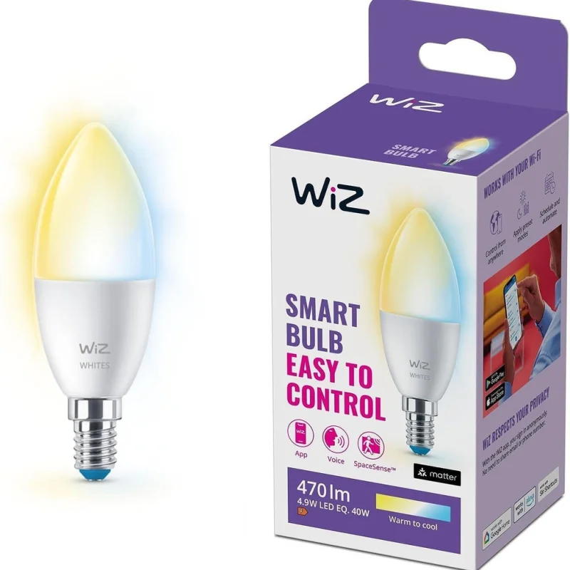 Смарт LED димируема крушка WiZ Smart Bulb Candle 4.9W, 470 lm, E14, бяла светлина 2100 - 6500К (BT, Zigbee, Matter, Apple Home, Google, Alexa, SmartThings)