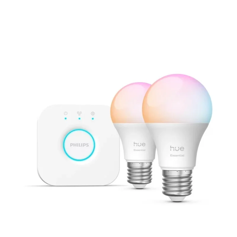Смарт LED RGBW LED димируем сет Philips Hue Essential WACA, 2 бр. крушки + 1 бр. Hue Bridge, 8W, 806 lm, E27, 16 мил. цвята  (BT, Zigbee, HomeKit, Google, Alexa, SmartThings) - Снимка 2