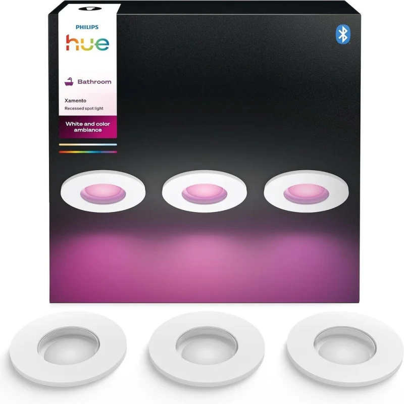 Смарт LED RGBW димируеми лунички за баня Philips Hue Xamento WACA, 3 бр, хром, 4.2W, 1200 lm, GU10, IP44, 16 милиона цвята (BT, Zigbee, HomeKit, Google, Alexa, SmartThings)