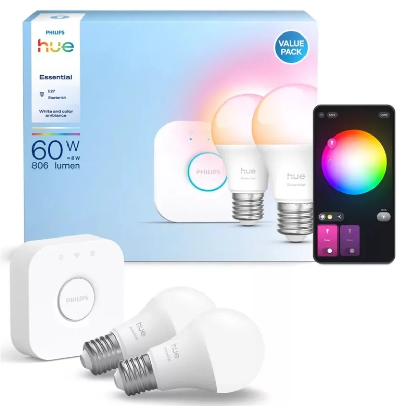 Смарт LED RGBW LED димируем сет Philips Hue Essential WACA, 2 бр. крушки + 1 бр. Hue Bridge, 8W, 806 lm, E27, 16 мил. цвята  (BT, Zigbee, HomeKit, Google, Alexa, SmartThings)