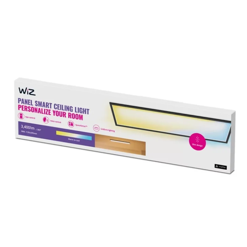 Смарт LED димируема плафониера WiZ Panel Smart Ceiling, черна, 119.5х29.5 см, 36W, 3400 lm, бяла светлина 2100 - 6500К (BT, Zigbee, Matter, Apple Home, Google, Alexa, SmartThings)