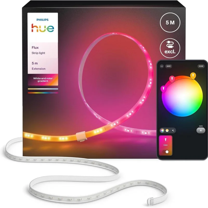 Смарт допълнителна LED RGBIC димируема лента Philips Hue Flux Extension WACA, 5 м, бяла, 20W, 2500 lm, 16 милиона цвята (BT, Zigbee, Apple Home, Google, Alexa, SmartThings)