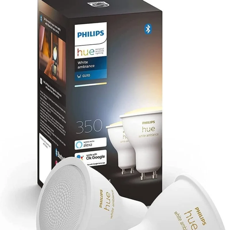 Смарт LED димируема луничка Philips Hue White Ambiance GU10, 350 lm, 4.3W, 2 бр. (BT, Zigbee, HomeKit, Google, Alexa, SmartThings)