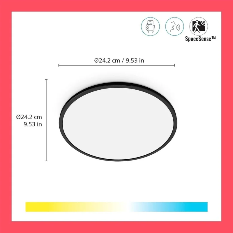 Смарт LED димируема плафониера WiZ Superslim Smart Ceiling, черна, 24.2 см, 14W, 1300 lm, бяла светлина 2100 - 6500К (BT, Zigbee, Matter, Apple Home, Google, Alexa, SmartThings) - Снимка 4