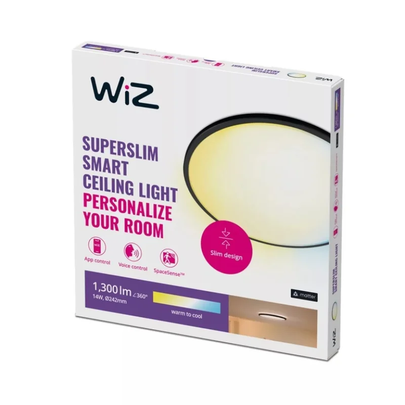 Смарт LED димируема плафониера WiZ Superslim Smart Ceiling, черна, 24.2 см, 14W, 1300 lm, бяла светлина 2100 - 6500К (BT, Zigbee, Matter, Apple Home, Google, Alexa, SmartThings) - Снимка 3