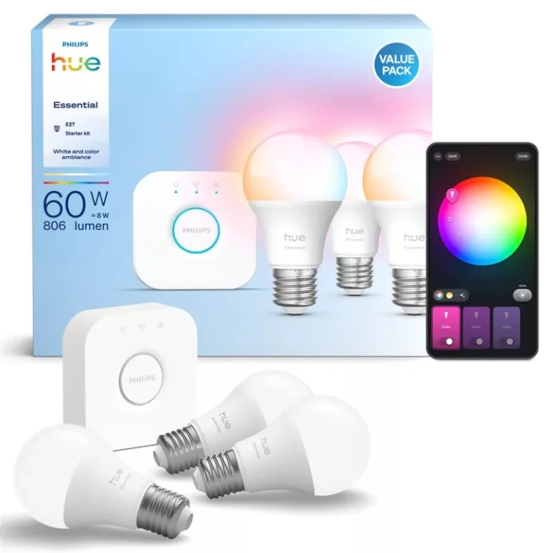 Смарт LED RGBW димируем сет Philips Hue Essential, WACA, 3 бр. крушки + 1 бр. Hue Bridge, 60W, 806 lm, E27, 16 мил. цвята (BT, Zigbee, HomeKit, Google, Alexa, SmartThings)