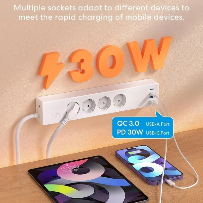 Смарт разклонител със защита от претоварване Meross + 2x USB-A + 2x USB-C, бял - Снимка 2