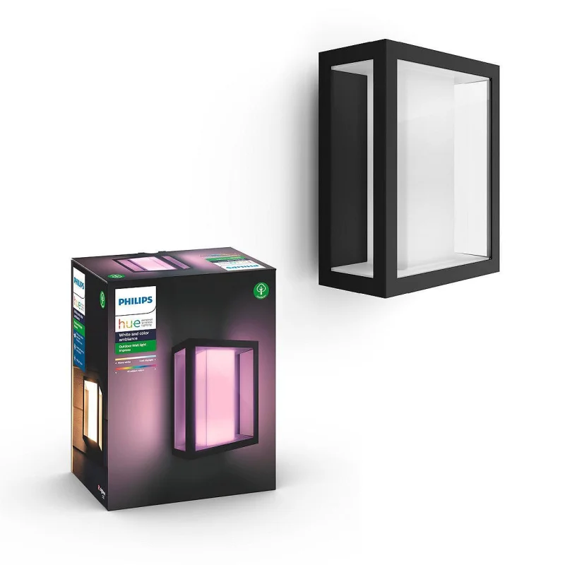 Смарт външен LED RGBW аплик Philips HUE Impress WACA, черен, метал/стъкло, 2x8W, 1200 lm, IP44, бяла/цветна светлина (BT, Zigbee, HomeKit, Google, Alexa, SmartThings)