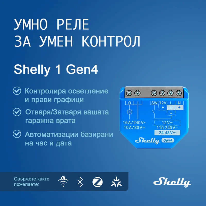 Смарт реле Shelly 1 Gen4 сух контакт - Снимка 2