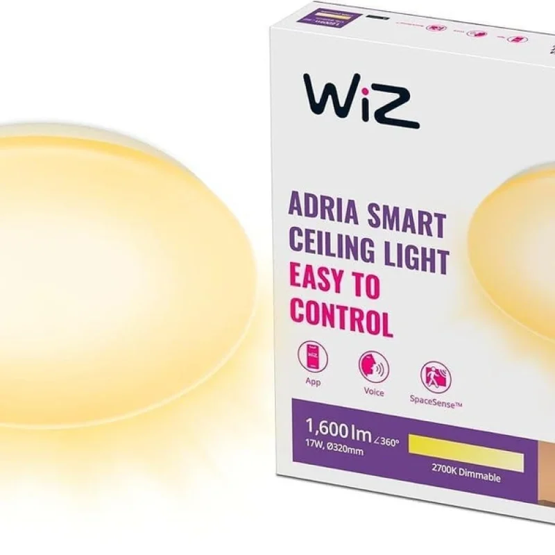 Смарт LED димируема плафониера WiZ Adria Ceiling Warm White, бяла, 32 см, 17W, 1600 lm, топла бяла светлина 2700К (BT, Zigbee, Apple Home, Google, Alexa, SmartThings)