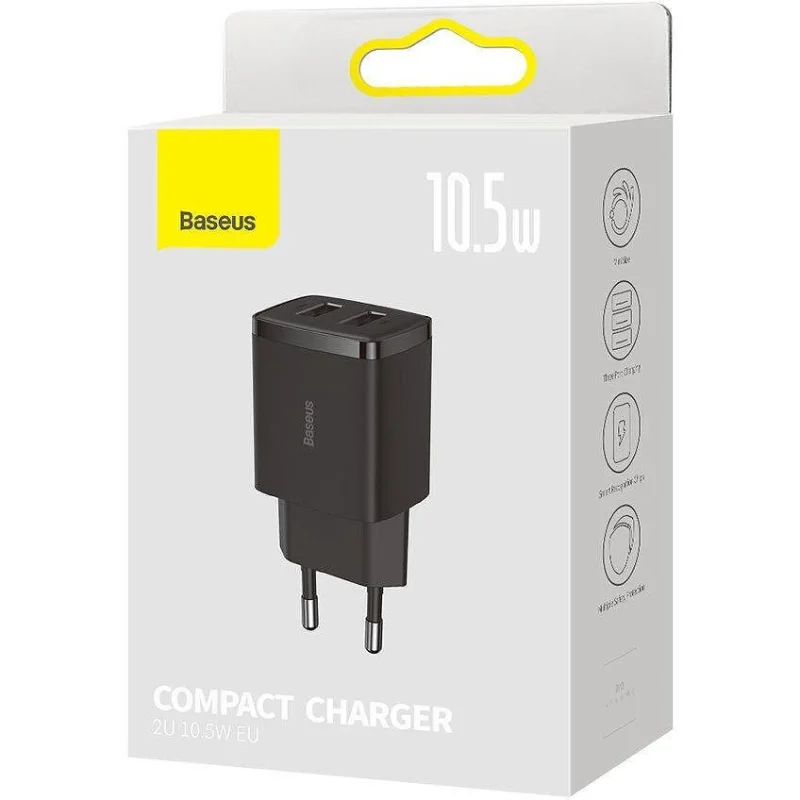 Мрежово зарядно Baseus Compact, 2x USB-A, 10.5W, EU, Черно