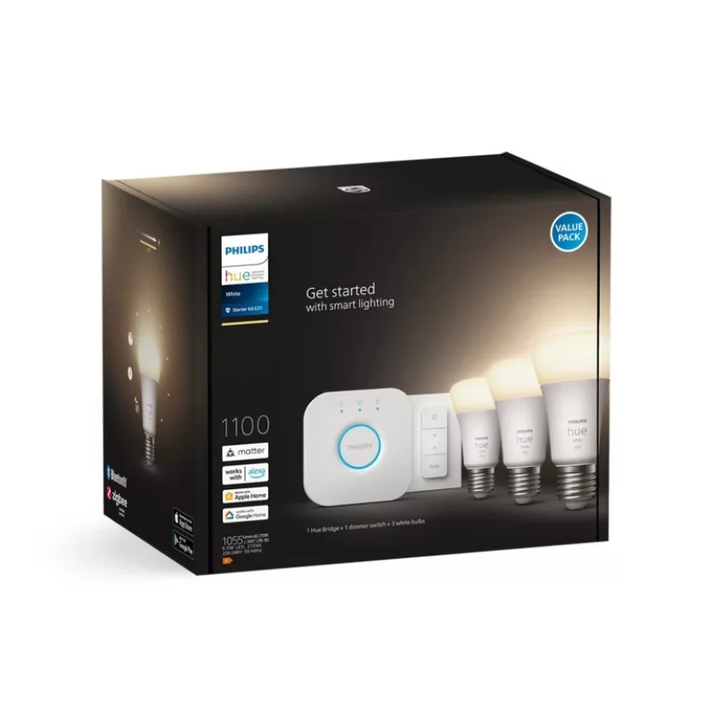 Стартов пакет смарт LED крушки Philips Hue White 3 бр, E27, 9.5W, 1055 lm + 1 бр. Hue Bridge + 1 бр. Dimmer Switch, топла бяла светлина 2700K (BT, Zigbee, HomeKit, Google, Alexa, SmartThings)