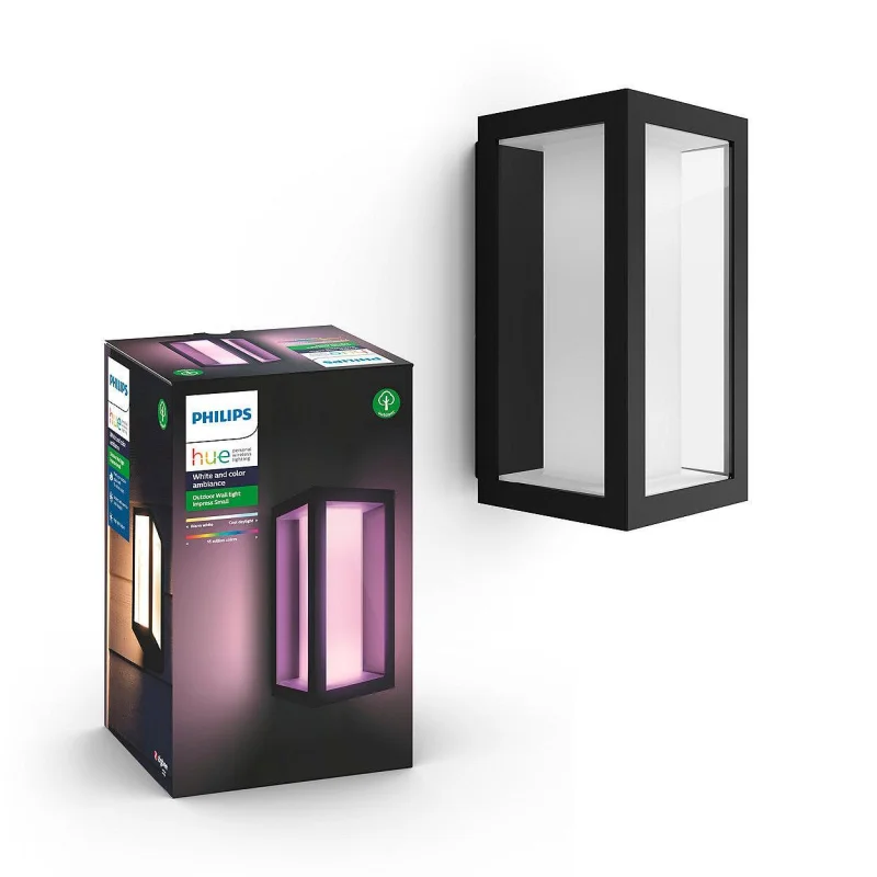 Смарт външен RGBW LED аплик Philips HUE Impress+Hue Bridge, WACA, черен, метал/стъкло, 2x8W, 1200 lm, IP54, бяла/цветна светлина,16 мил. цвята(BT, Zigbee, HomeKit, Google, Alexa, SmartThings)