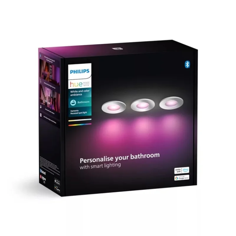 Смарт LED RGBW димируеми лунички за баня Philips Hue Xamento WACA, 3 бр, хром, 4.2W, 1200 lm, GU10, IP44, 16 милиона цвята (BT, Zigbee, HomeKit, Google, Alexa, SmartThings) - Снимка 5