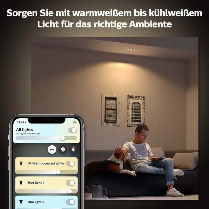 Смарт LED димируема луничка Philips HUE Milliskin, алуминий, 7 см, 4.2W, 400 lm, IP20, GU10, бяла светлина 2100-6500K (BT, Zigbee, HomeKit, Google, Alexa, SmartThings) - Снимка 7