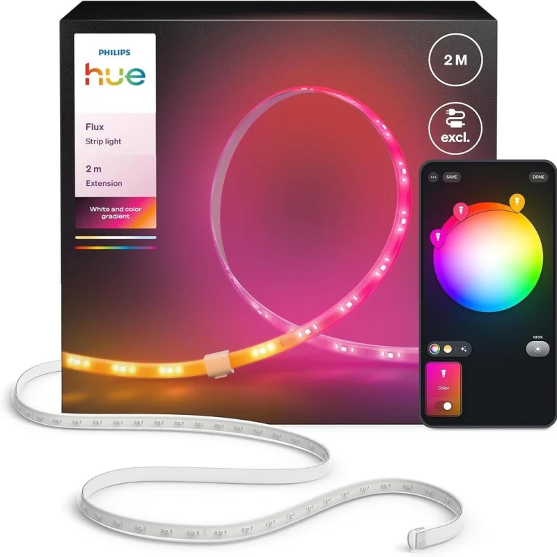 Смарт допълнителна LED RGBIC димируема лента Philips Hue Flux Extension WACA, 2 м, бяла, 19.5W, 2000 lm, 16 милиона цвята (BT, Zigbee, Apple Home, Google, Alexa, SmartThings)