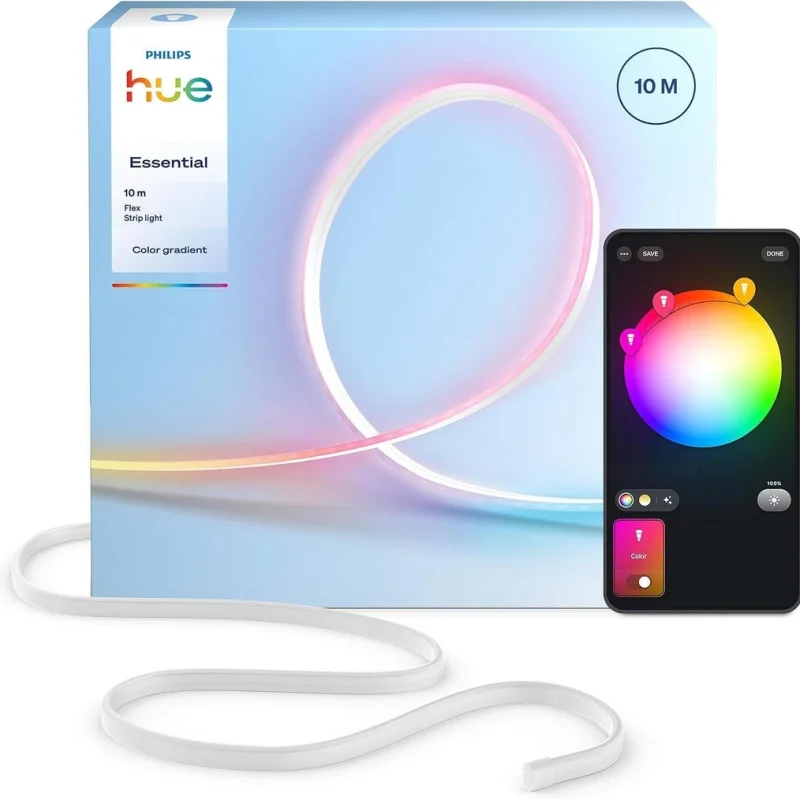 Смарт LED RGBIC димируема неонова лента Philips Hue Essential Neon Flex Strip WACA 10 м, бяла, 39.5W, 5000 lm, 16 милиона цвята (BT, Zigbee, Apple Home, Google, Alexa, SmartThings)