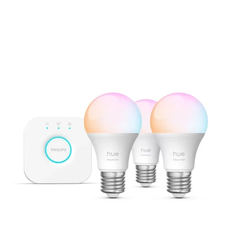 Смарт LED RGBW димируем сет Philips Hue Essential, WACA, 3 бр. крушки + 1 бр. Hue Bridge, 60W, 806 lm, E27, 16 мил. цвята (BT, Zigbee, HomeKit, Google, Alexa, SmartThings) - Снимка 2