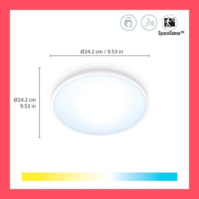 Смарт LED димируема плафониера WiZ Superslim Smart Ceiling, бяла, 24.2 см, 14W, 1300 lm, бяла светлина 2100 - 6500К (BT, Zigbee, Matter, Apple Home, Google, Alexa, SmartThings) - Снимка 2