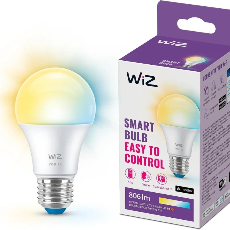 Смарт LED димируема крушка WiZ Smart Bulb 8W, 806 lm, E27, бяла светлина 2100 - 6500К (BT, Zigbee, Matter, Apple Home, Google, Alexa, SmartThings)