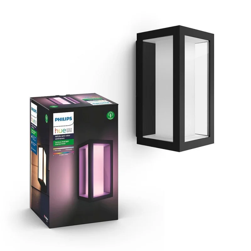 Смарт външен RGBW LED димируем аплик Philips Hue Impress + Hue Bridge, 8W, 1200 lm, E26, IP54, Черен