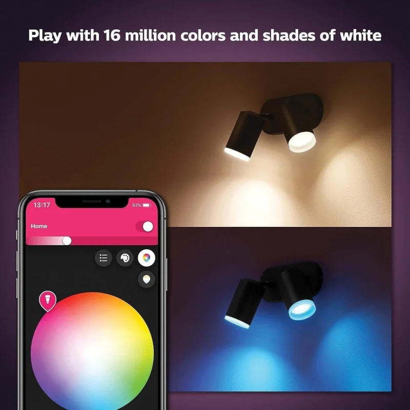 Смарт димируем RGBW LED двоен спот Philips HUE Fugato WACA, черен, 2x350 lm, бяла/цветна светлина с 16 мил. цвята (BT, Zigbee, HomeKit, Google, Alexa, SmartThings) - Снимка 7