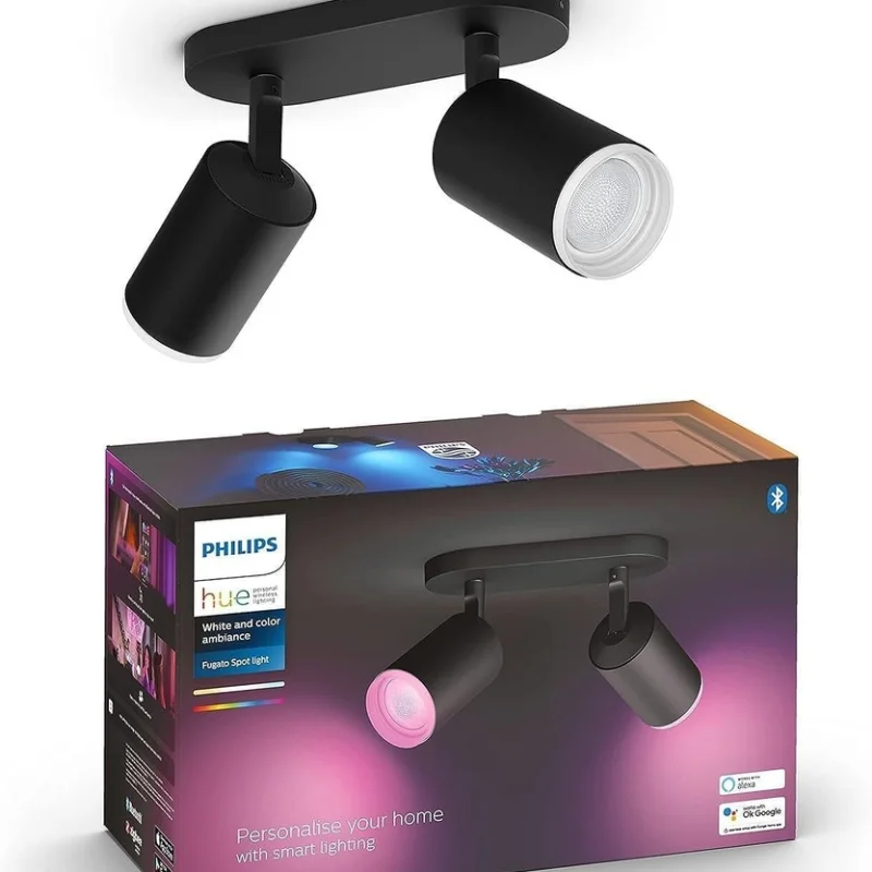 Смарт димируем RGBW LED двоен спот Philips HUE Fugato WACA, черен, 2x350 lm, бяла/цветна светлина с 16 мил. цвята (BT, Zigbee, HomeKit, Google, Alexa, SmartThings)