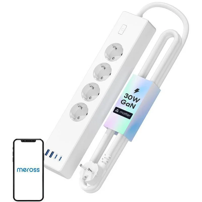 Смарт разклонител със защита от претоварване Meross + 2x USB-A + 2x USB-C, бял