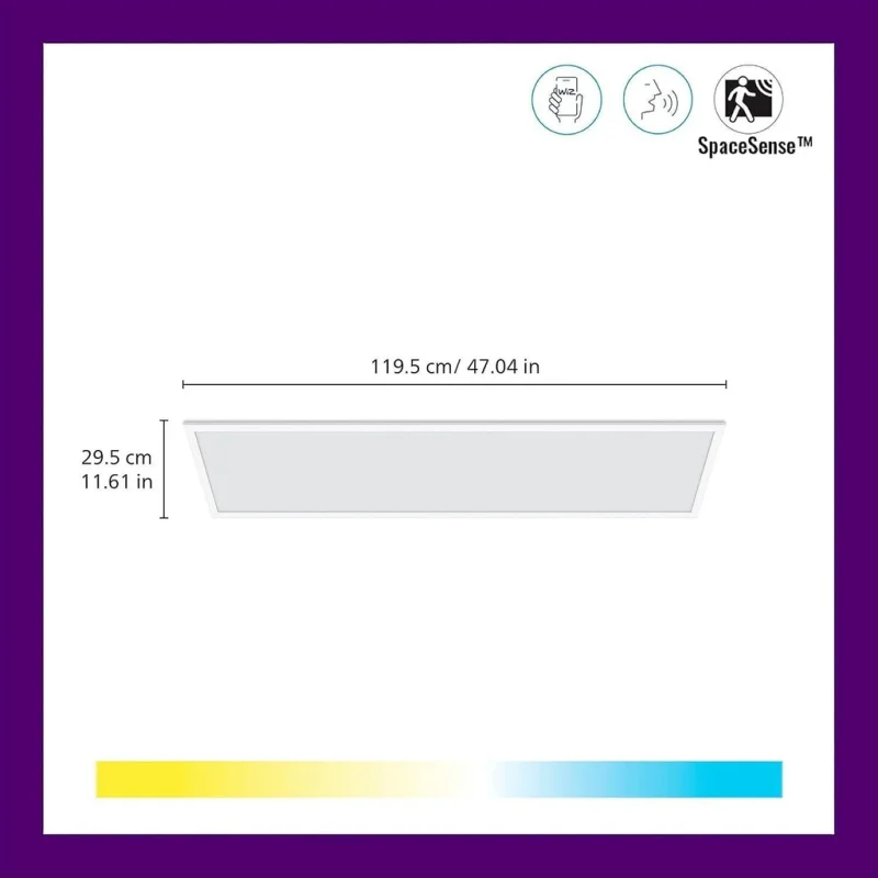 Смарт LED димируема плафониера WiZ Panel Smart Ceiling, бяла, 119.5х29.5 см, 36W, 3400 lm, бяла светлина 2100 - 6500К (BT, Zigbee, Matter, Apple Home, Google, Alexa, SmartThings) - Снимка 2