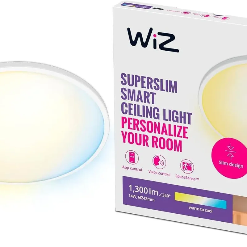 Смарт LED димируема плафониера WiZ Superslim Smart Ceiling, бяла, 24.2 см, 14W, 1300 lm, бяла светлина 2100 - 6500К (BT, Zigbee, Matter, Apple Home, Google, Alexa, SmartThings)