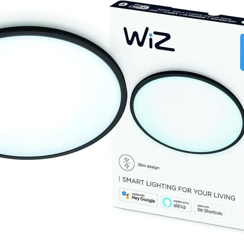 Смарт LED димируема плафониера WiZ Superslim Smart Ceiling, черна, 24.2 см, 14W, 1300 lm, бяла светлина 2100 - 6500К (BT, Zigbee, Matter, Apple Home, Google, Alexa, SmartThings)