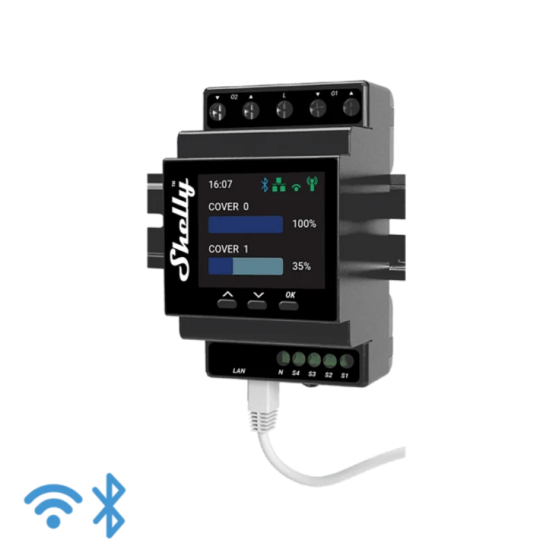 Смарт контролер за щори Shelly Pro Dual Cover/Shutter PM за DIN шина, Wi-Fi, LAN, Bluetooth