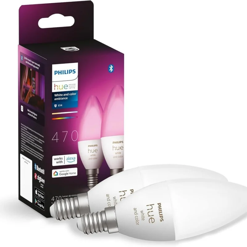 Смарт LED RGBW димируеми крушки Philips Hue WACA, 2 бр., 5.3W, 320 lm, E14