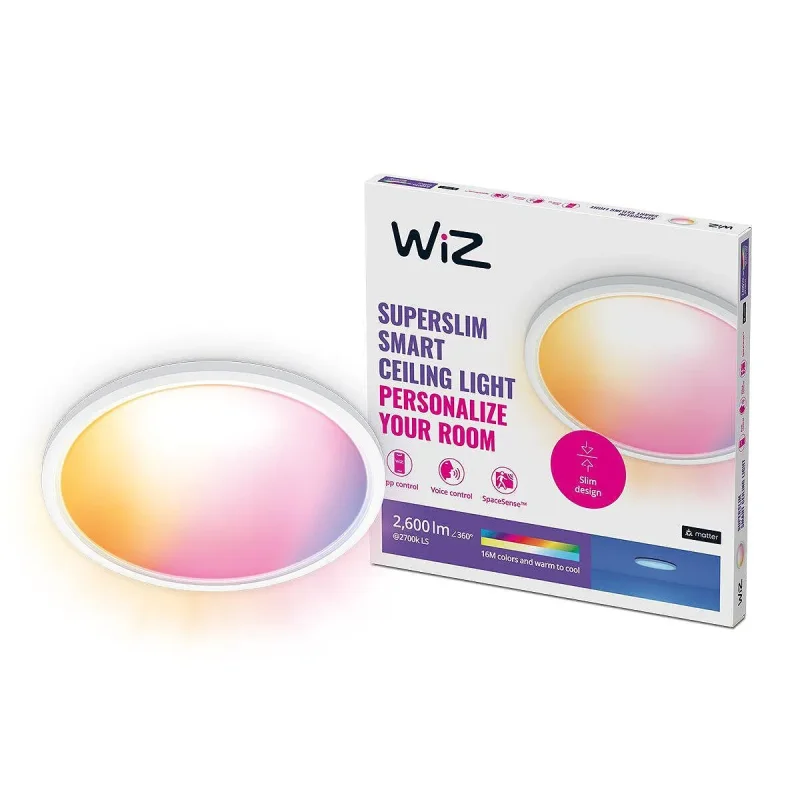Смарт LED RGBW димируема плафониера WiZ Superslim Ceiling, бяла, 42.3x3.2 см, 22 W, 2600 lm, 16 милиона цвята (BT, Zigbee, Apple Home, Google, Alexa, SmartThings)